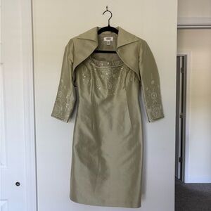 Early 00s Talbots Olive Green Dress and Bolero with Embroidered Details